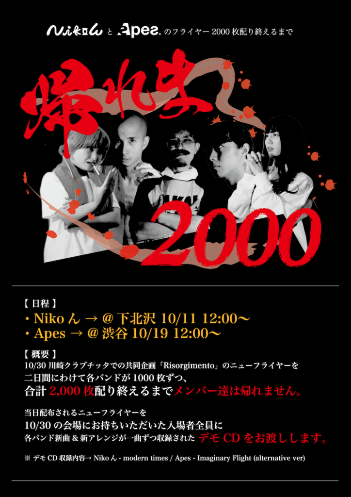 Nikoん×Apes、2マン公演の『フライヤー2000枚配り終えるまで帰れま2000